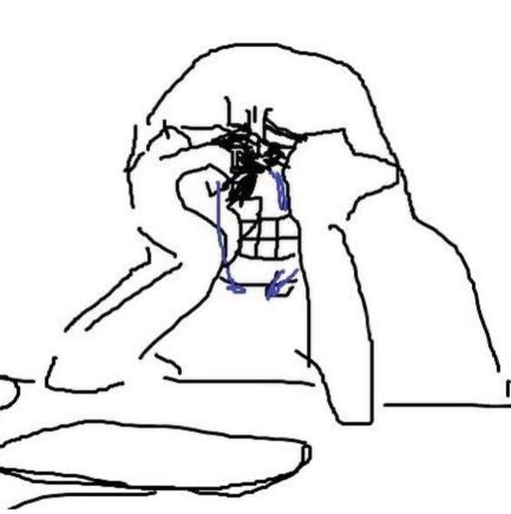 A black lined drawing on white background. It is of a human figure crying with their face in their hands, they are sitting in front of a sort-of computer.